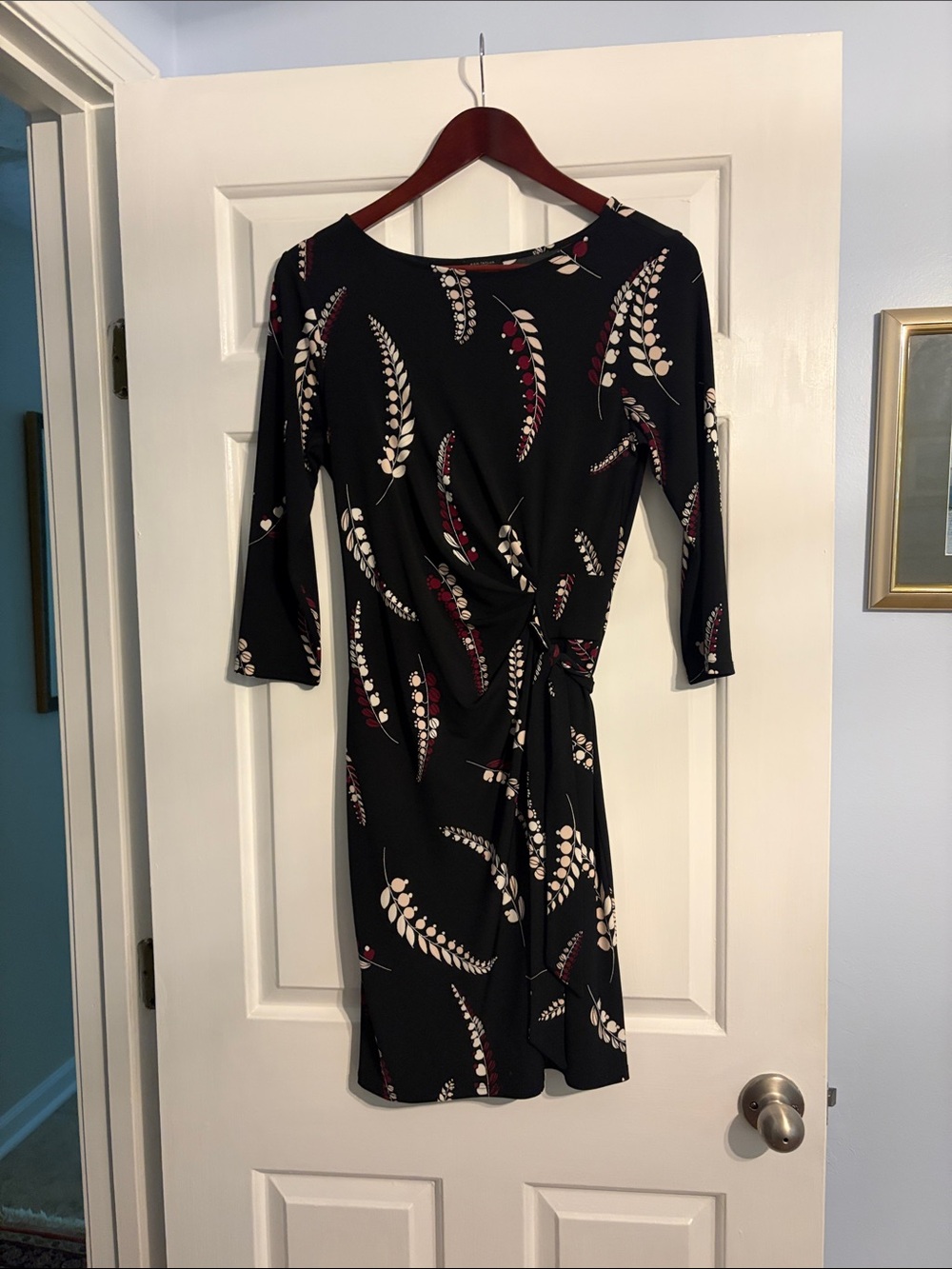 Ann Taylor Black Floral Twist-Waist Long Sleeve Dress